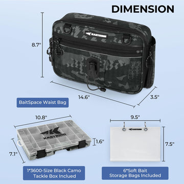 Six soft bait storage bags included with the waist bag