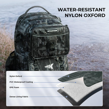 KastKing BaitSpace water-resistant fabric protects gear in wet conditions