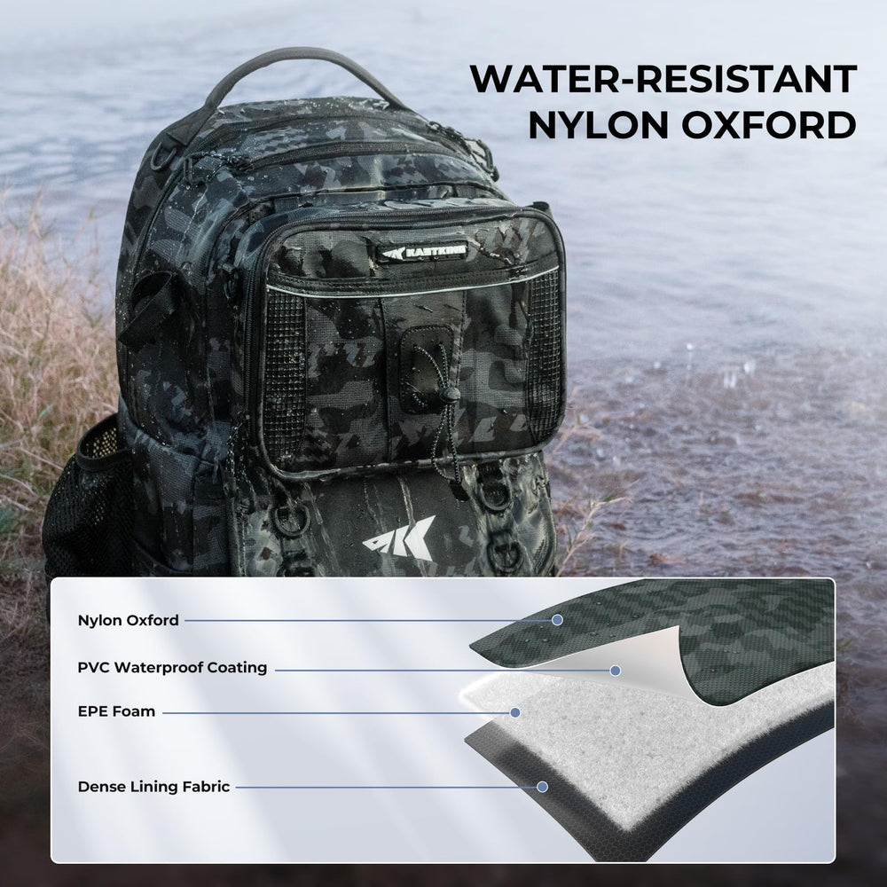 KastKing BaitSpace water-resistant fabric protects gear in wet conditions