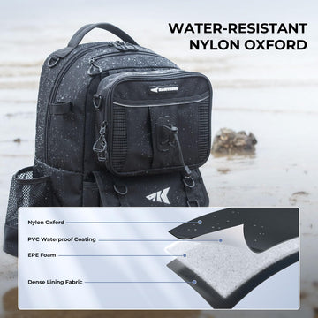 KastKing BaitSpace water-resistant fabric image showing rugged protection in wet conditions.