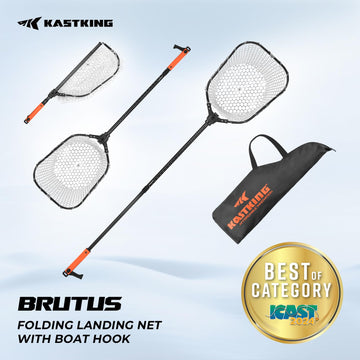 Collapsed Brutus net showing foldable design and boat hook