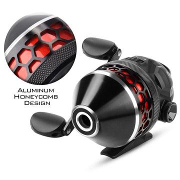 KastKing Brutus Spincast reel handle focus highlighting reversible design for left or right retrieval.