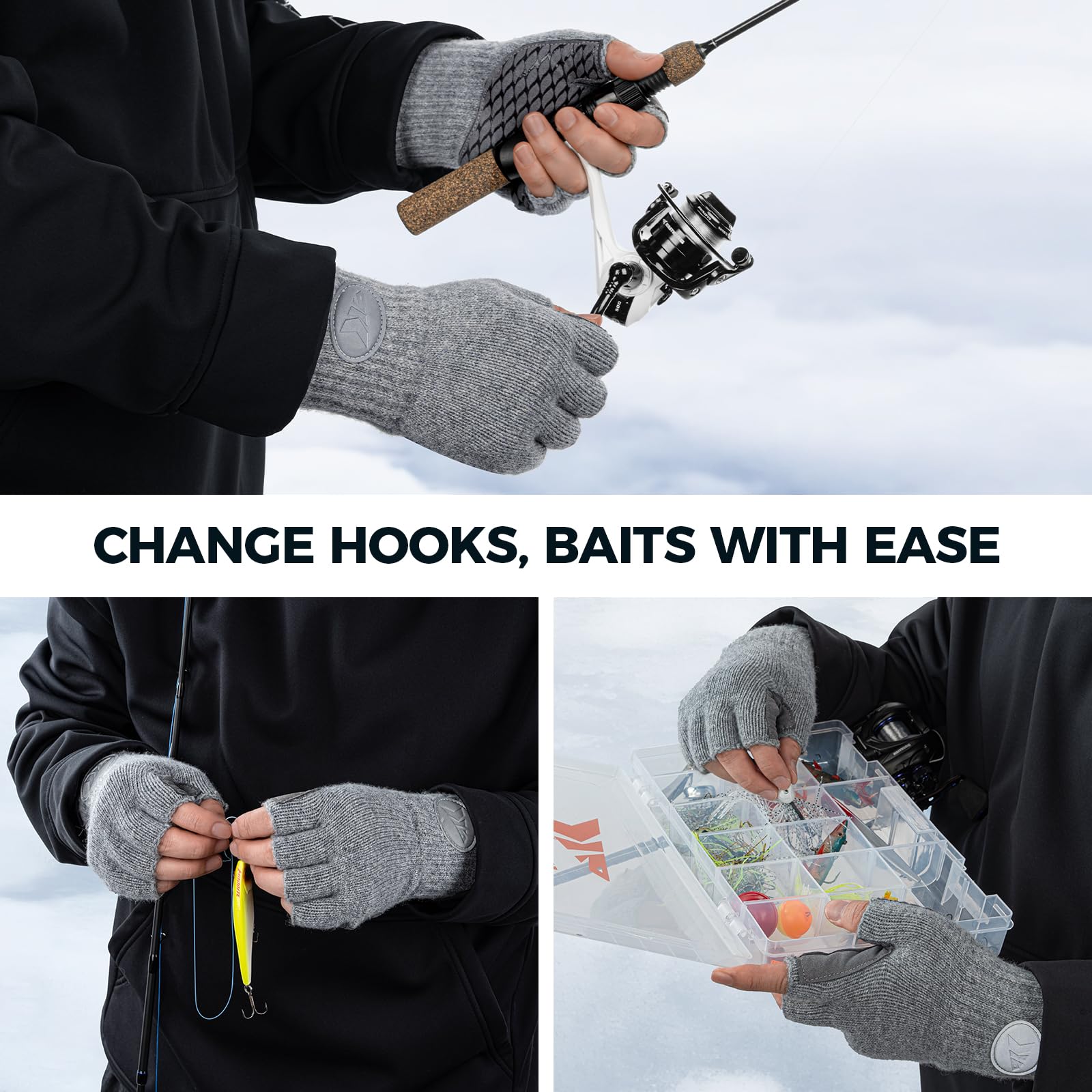 KastKing Bully Wooly fingerless gloves pull-tab design enables easy on-off in cold weather.