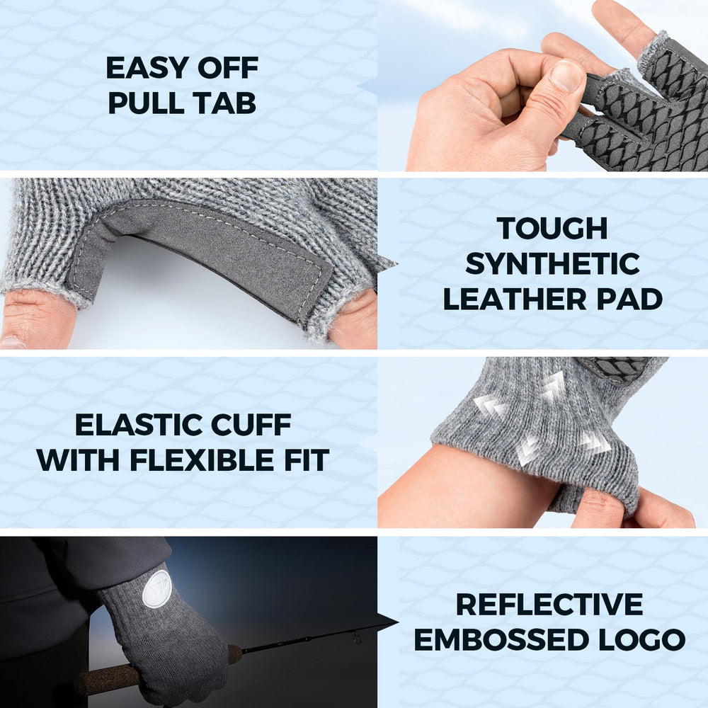 KastKing Bully Wooly fingerless gloves synthetic leather palm provides durable grip while handling gear.