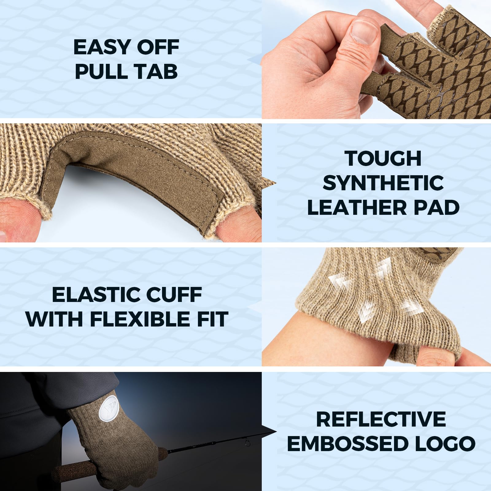 KastKing Bully Wooly glove pull-tab for easy on-off in outdoor use.
