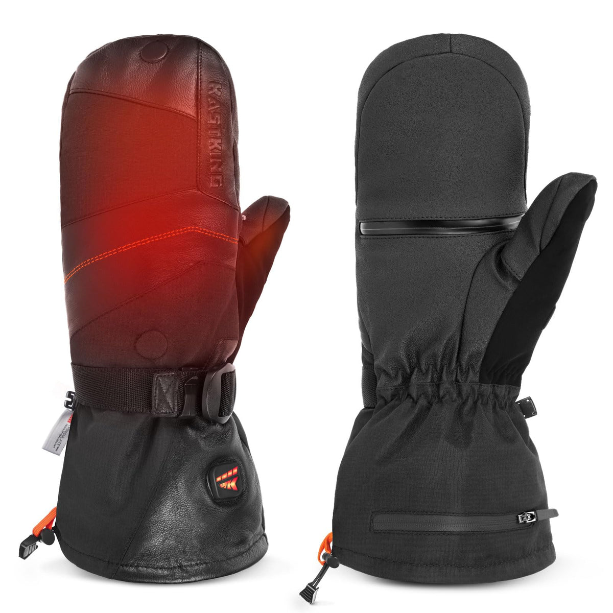 Front view of KastKing Calido Heated Mitten showing black shell and fleece interior