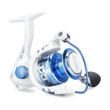 KastKing Centron Lite spinning reel spool shows lighter CNC aluminum design for line lay and smooth casts.
