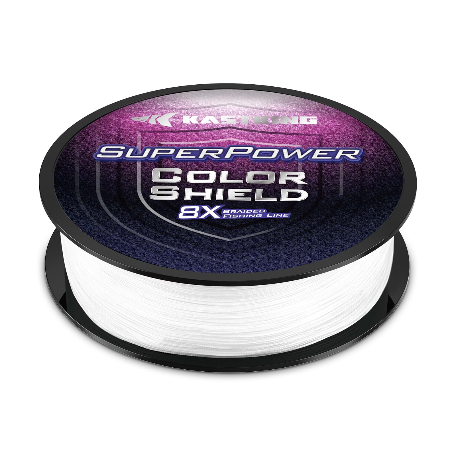 KastKing ColorShield 8X braided line on a spool showing colorfast white for lasting visibility.