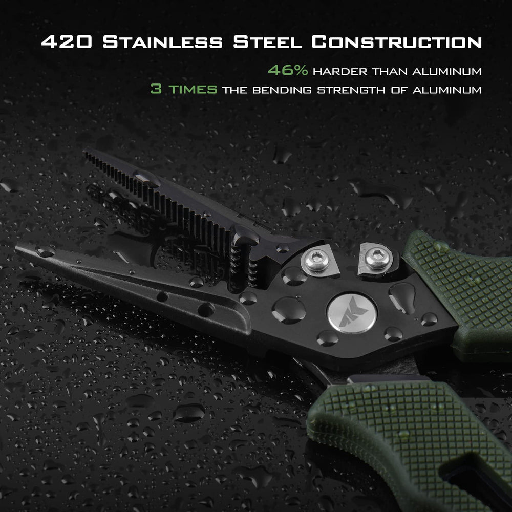 KastKing Cutthroat 7in pliers open, ergonomic rubber handle for one-handed control.