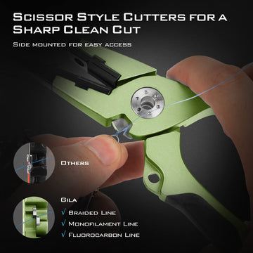 kastking gila line cutters closeup emphasizes titanium-coated blades for clean mono, fluorocarbon, braid cuts.