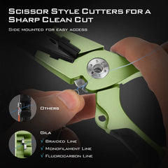 kastking gila line cutters closeup emphasizes titanium-coated blades for clean mono, fluorocarbon, braid cuts.