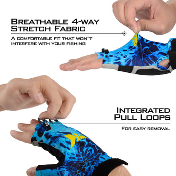 Integrated pull tabs and hook-and-loop wrist strap on KastKing Gill Raker Gloves