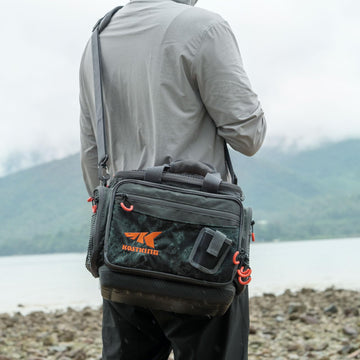 KastKing Hoss front pocket tray capture shows extra bait capacity for angling sessions.