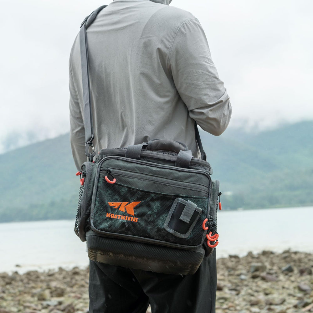 KastKing Hoss front pocket tray capture shows extra bait capacity for angling sessions.