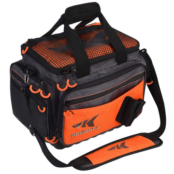 KastKing Hoss tackle bag front view shows rugged orange shell with saltwater-ready durability