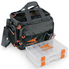 KastKing Hoss tackle bag full storage shown, ready for saltwater gear and seven 3600 trays.