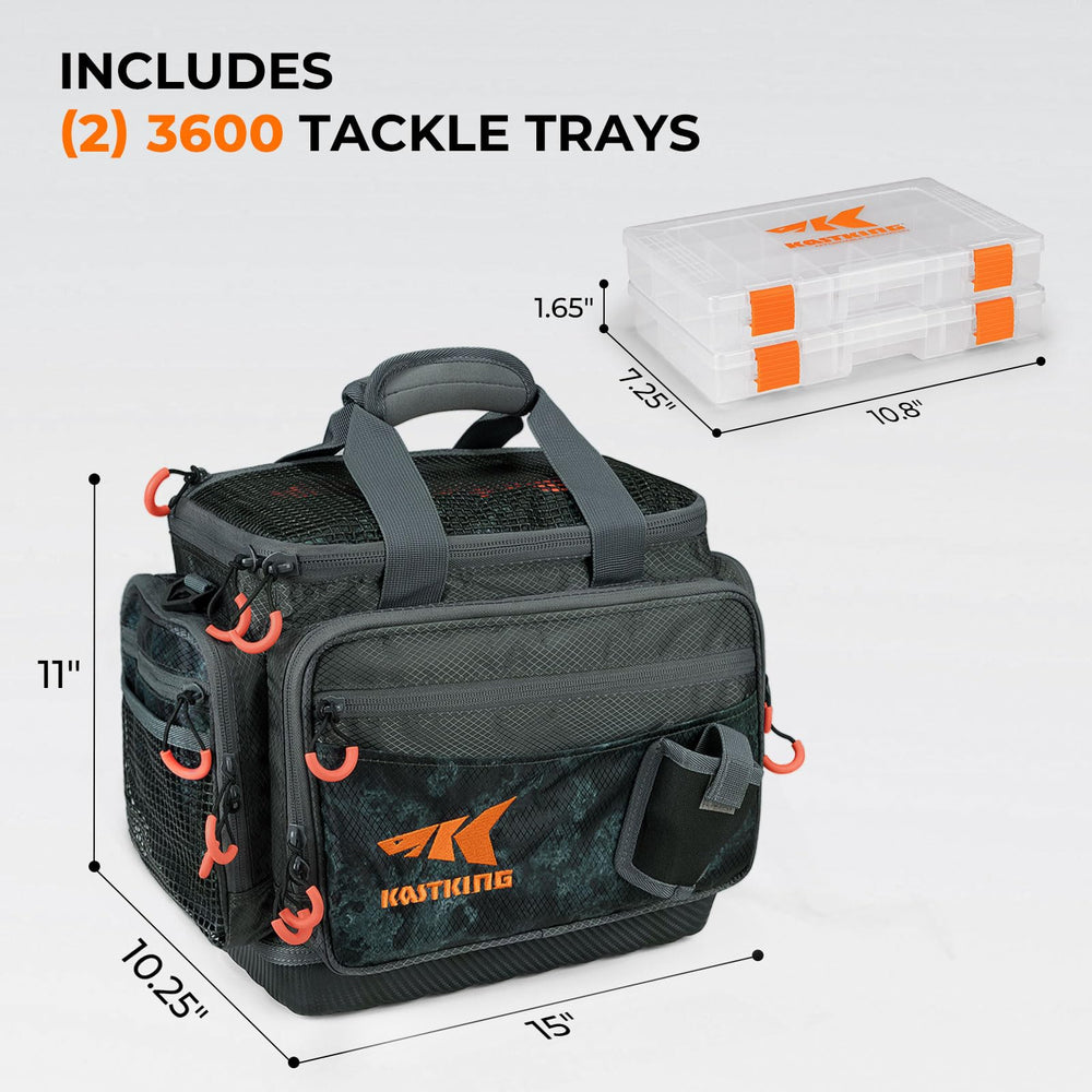 KastKing Hoss main compartment with trays demonstrates organized space for tackle and accessories.