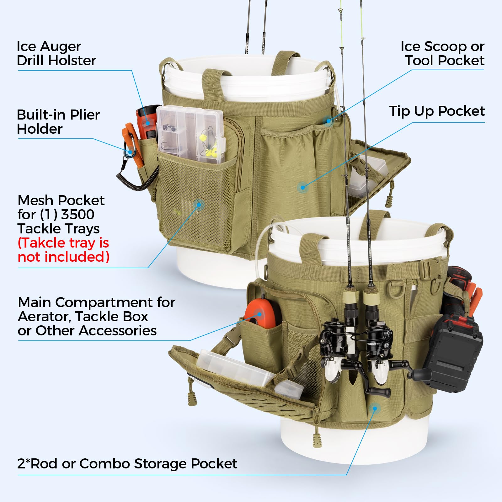 Close-up of zippered pocket with air tube slots for bait air pumps