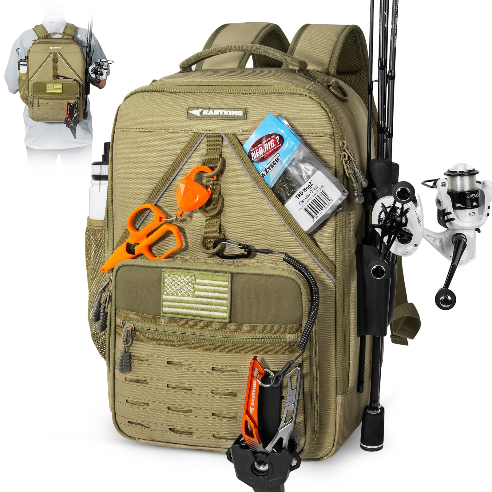 KastKing KarryAll KastMate backpack main-compartment highlights organized tackle for quick access