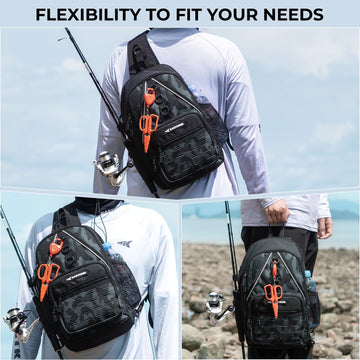Person wearing KastKing Karryall Sling Tackle Bag crossbody for fishing