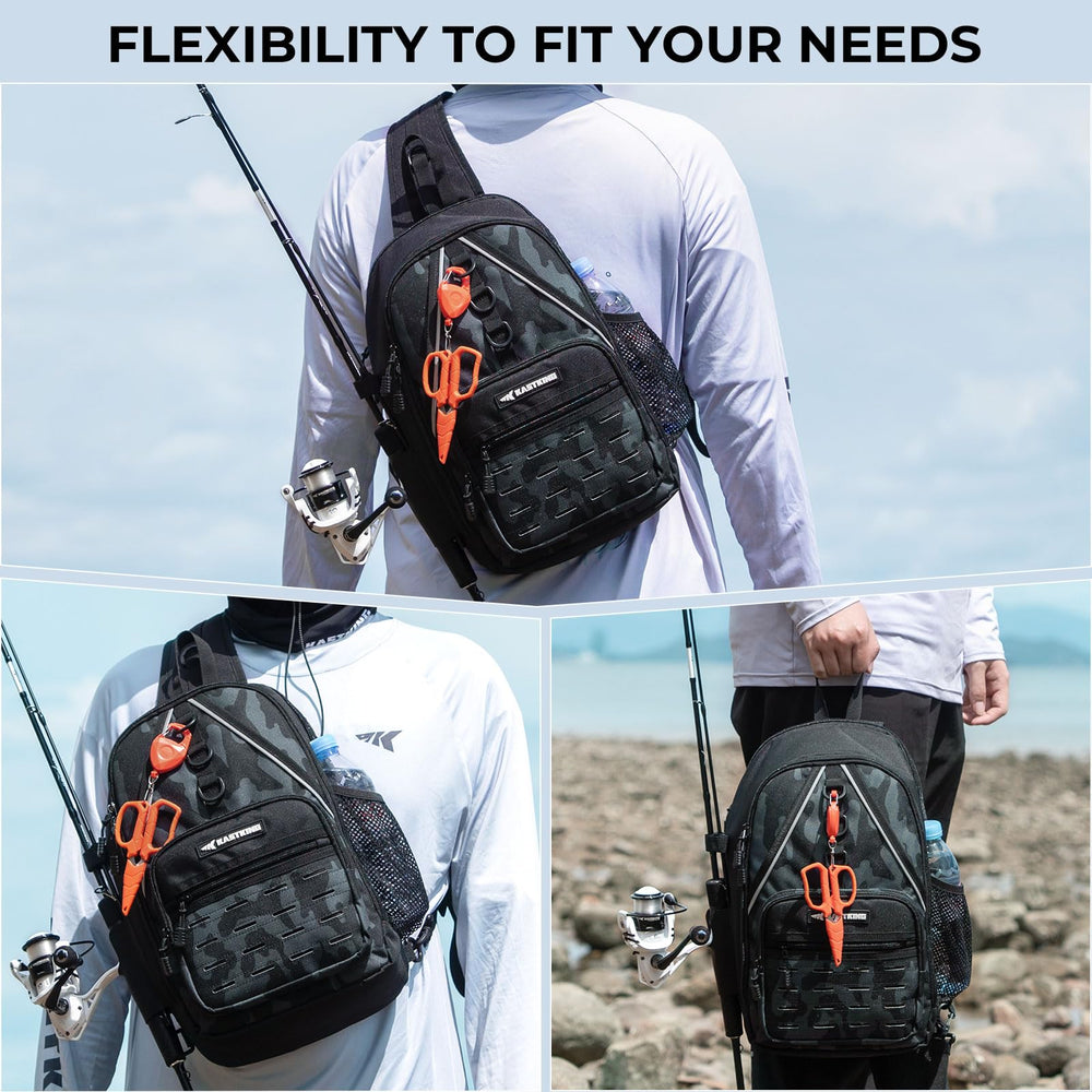 Person wearing KastKing Karryall Sling Tackle Bag crossbody for fishing