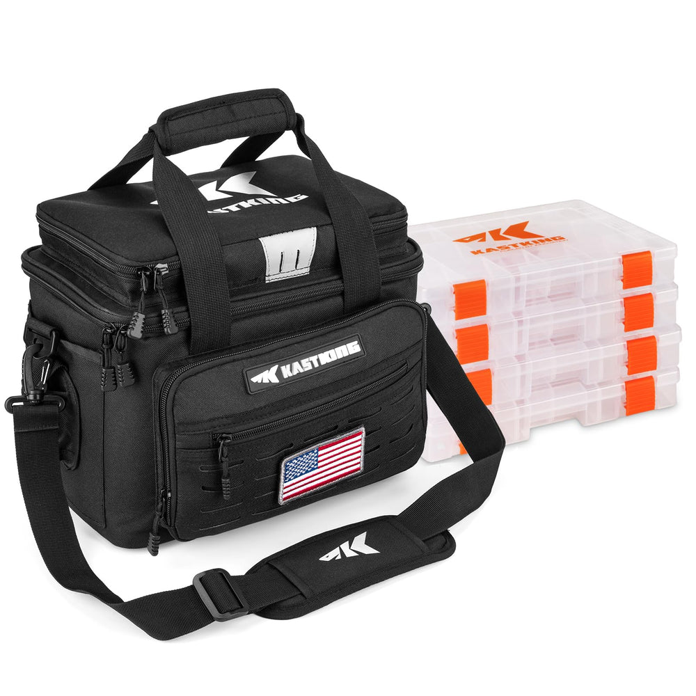 KastKing Karryall Tackle Bag front view with 4x3600 tackle trays