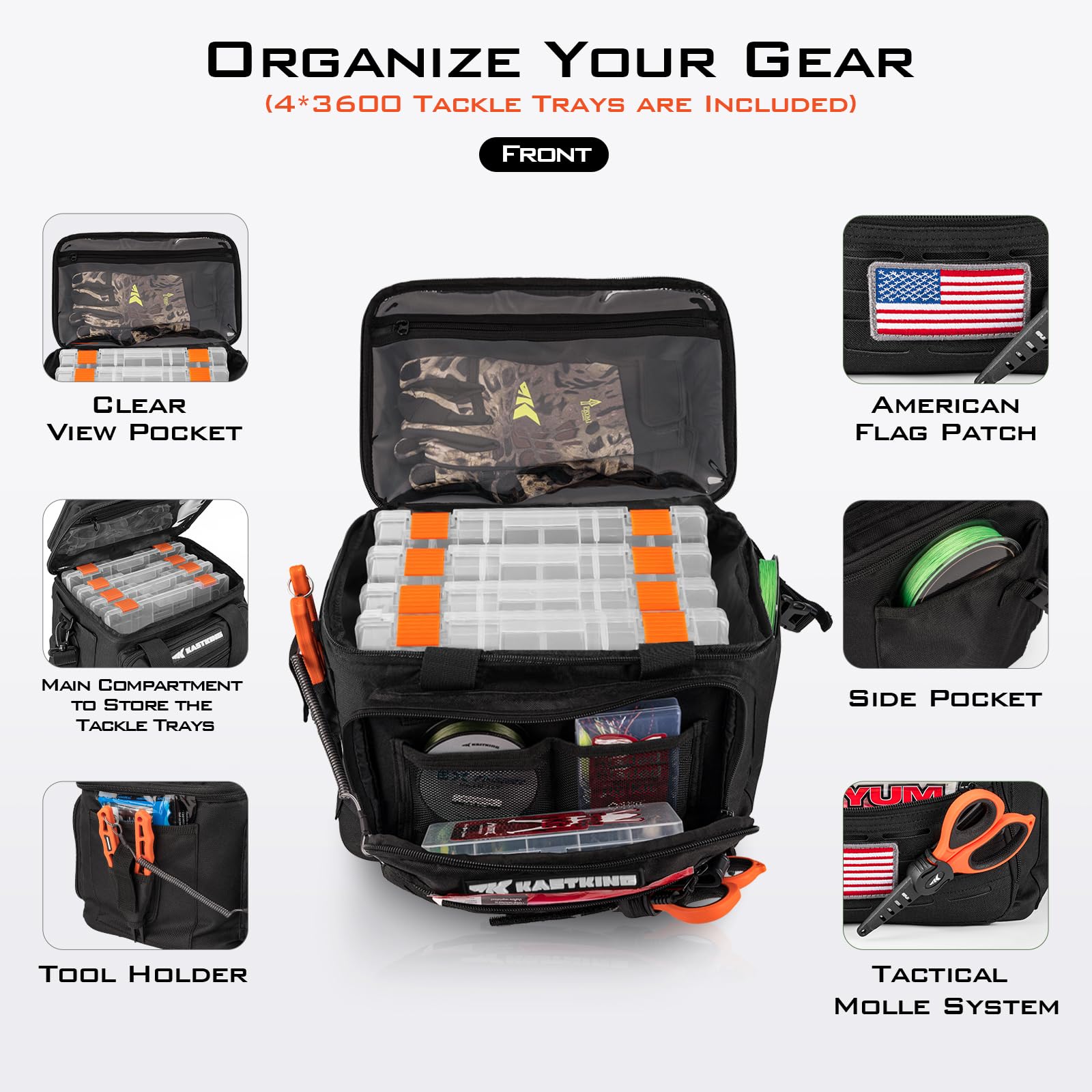 Open Karryall tackle bag showing 4x3600 trays