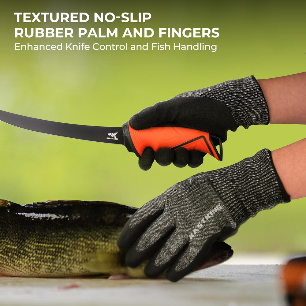 Hand wearing KastKing Kut Safe gloves with rubber palm grip