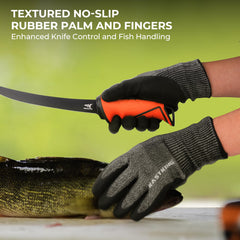 Hand wearing KastKing Kut Safe gloves with rubber palm grip