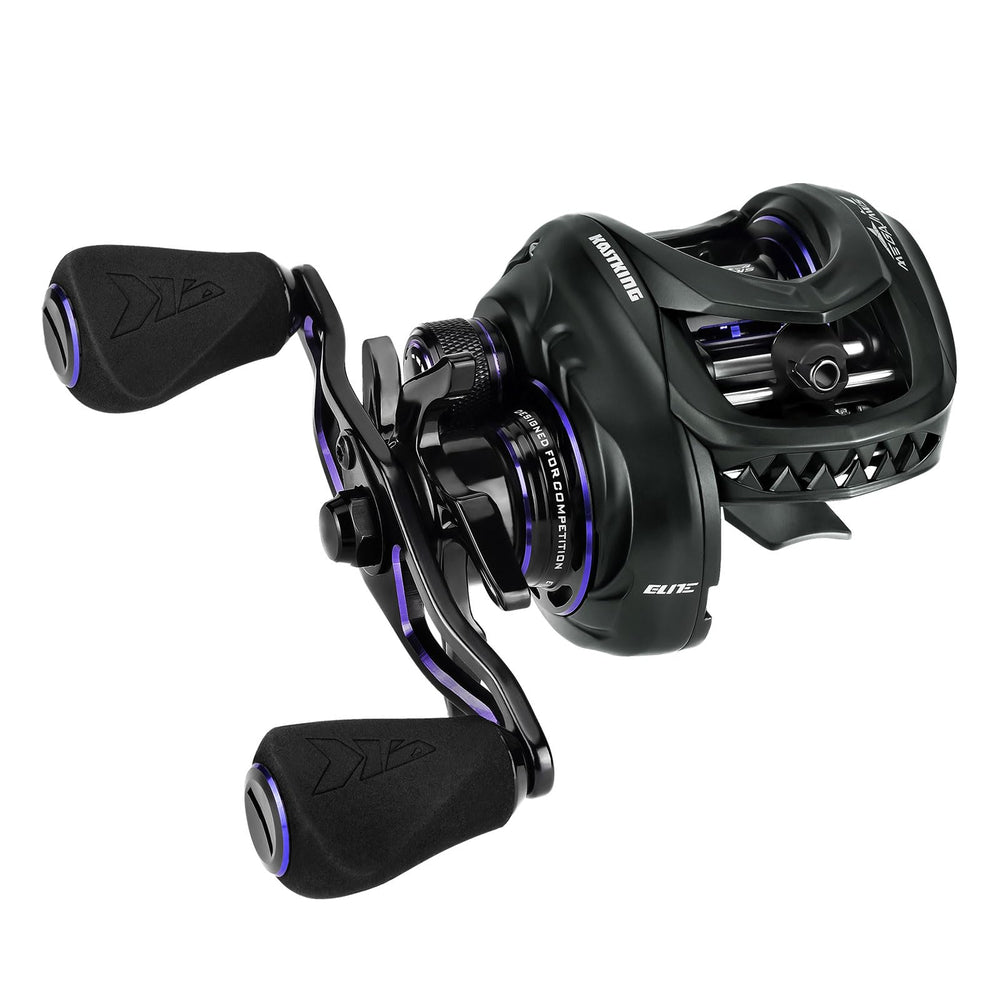 KastKing MegaJaws Elite baitcasting reel front view highlights compact design for comfortable casting.