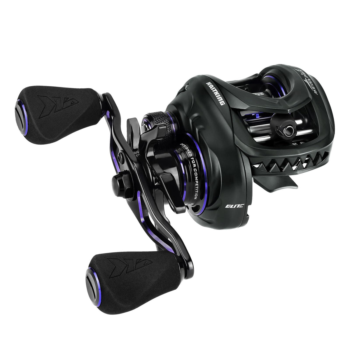 KastKing MegaJaws Elite baitcasting reel front view with Black Violet finish