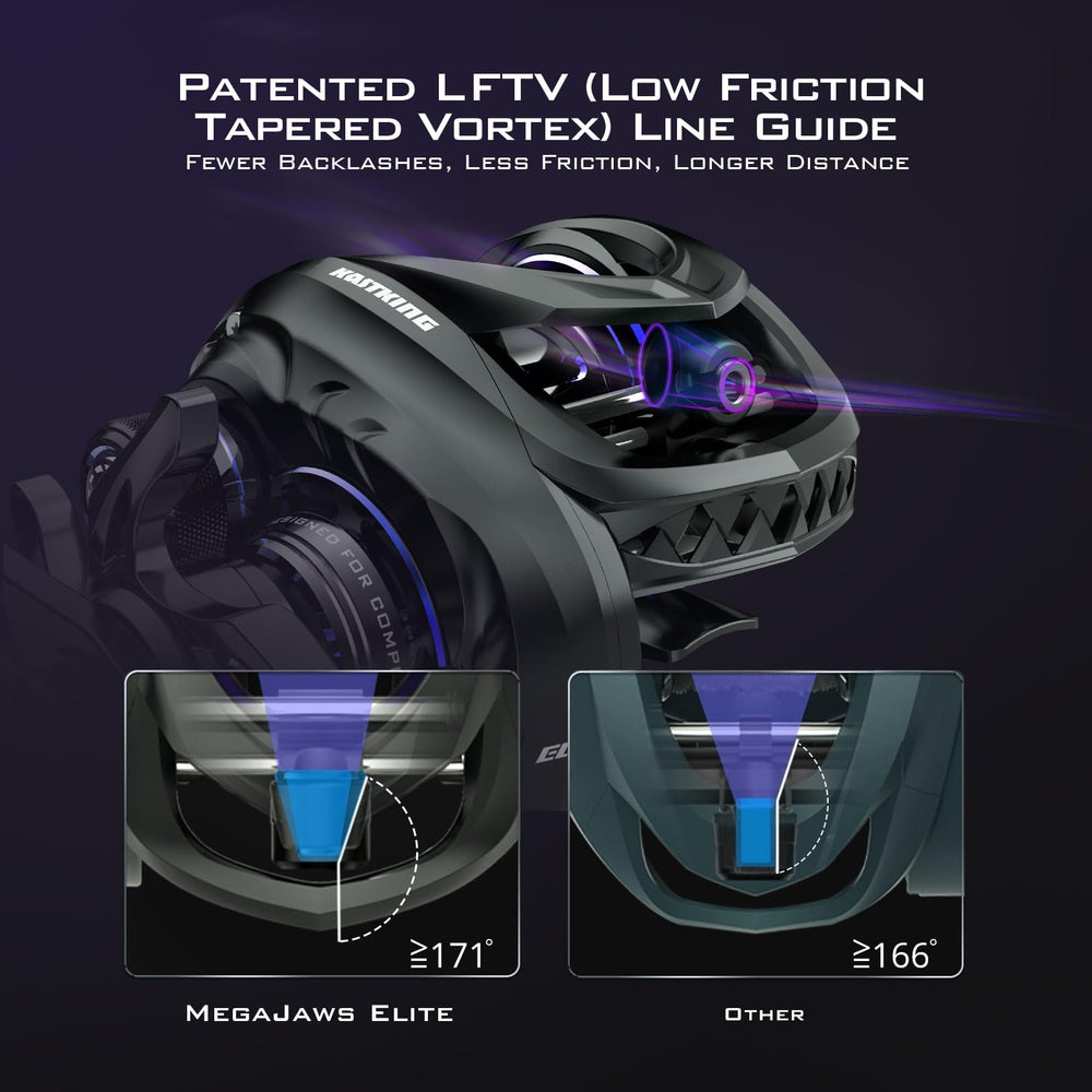KastKing MegaJaws Elite carbon side cover detail signals lightweight durability on the water.