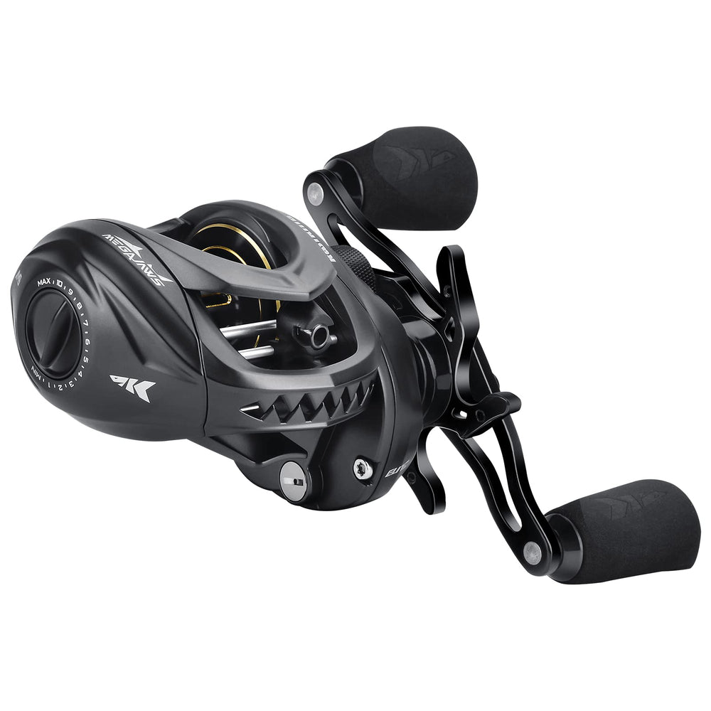 Close-up of AMB braking system and side profile on MegaJaws Elite left-handed reel