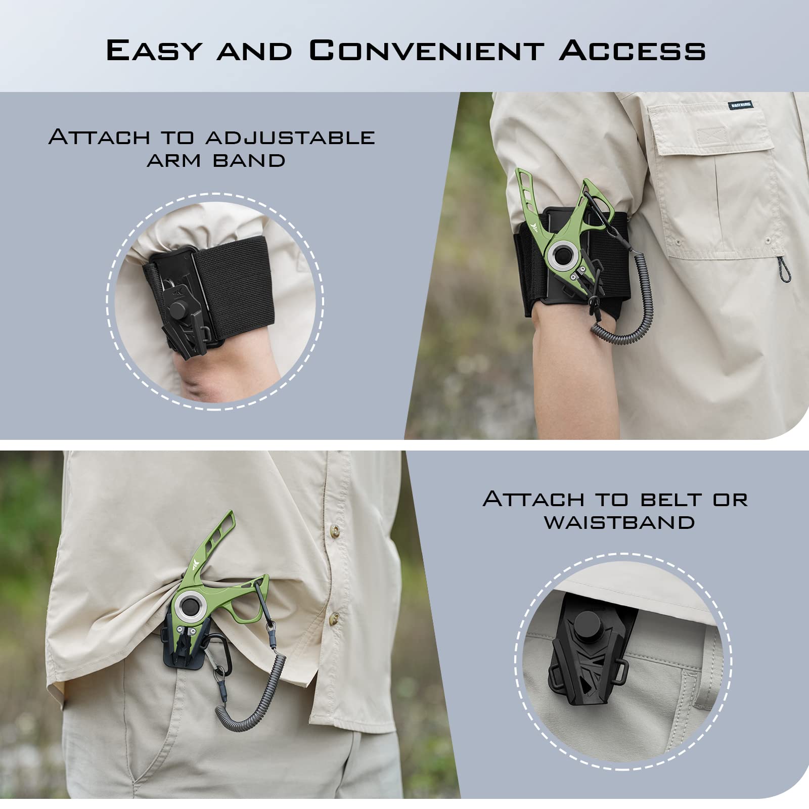 KastKing Micro Gila pliers interchangeable sheath offers belt or armband mounting.