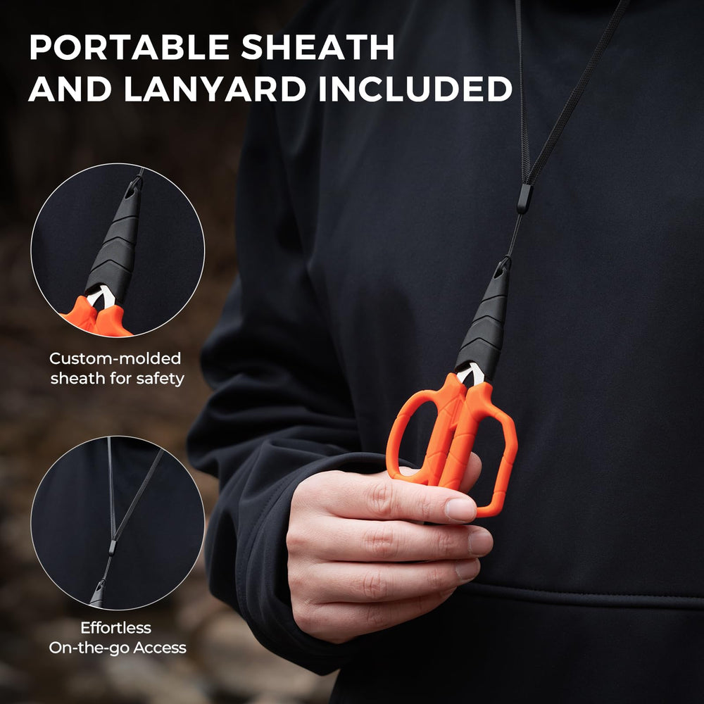 Scissors cutting braided fishing line demonstrating precision