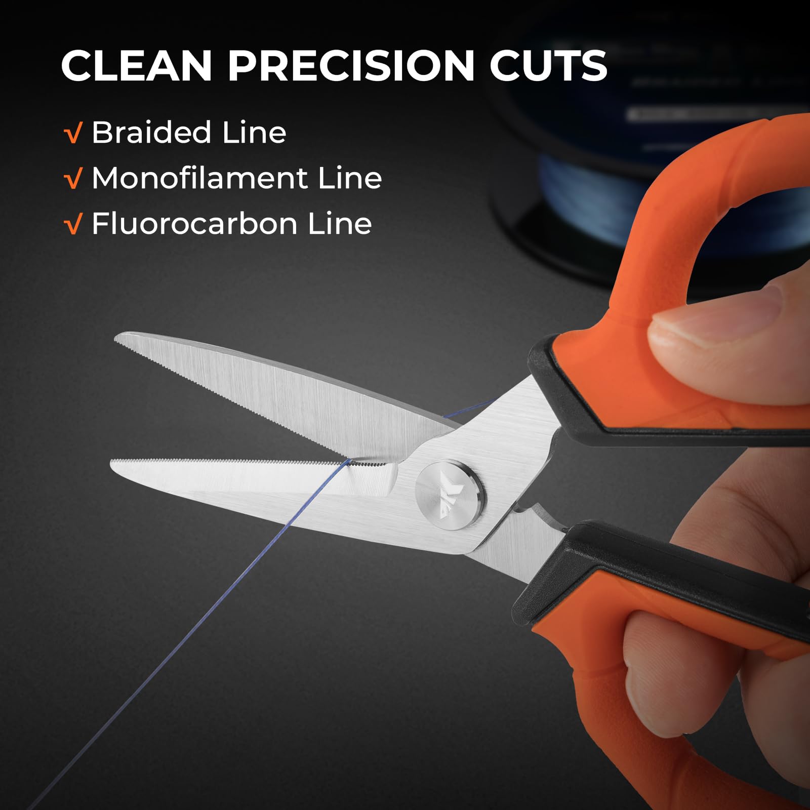 Braided fishing line being cut by scissors