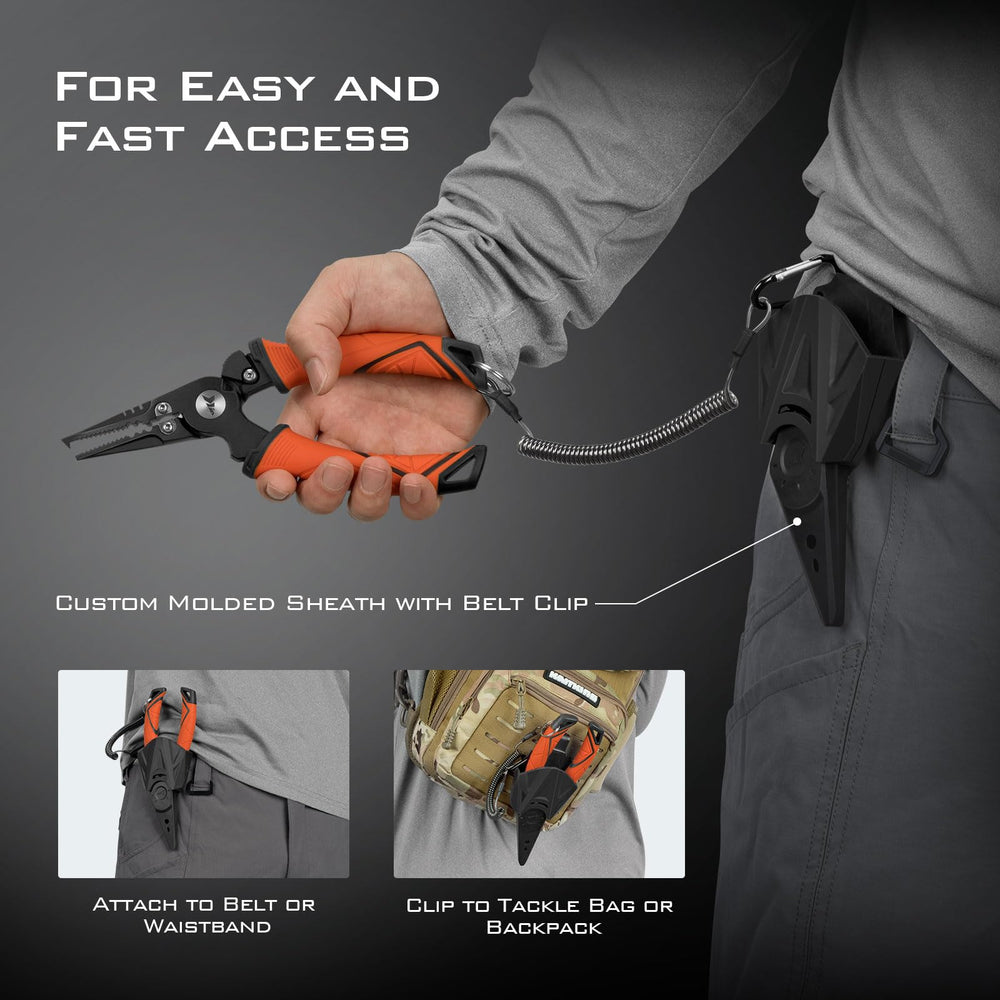 KastKing Paradox pliers belt clip and coiled lanyard prevent loss.
