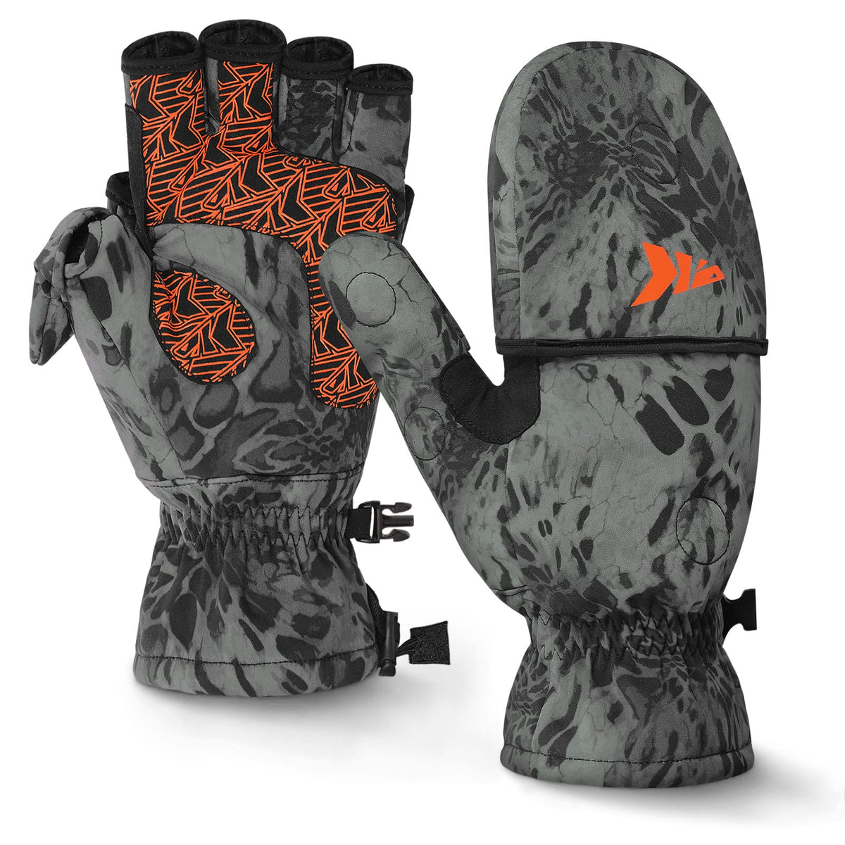 KastKing PolarBlast mittens-worn on hand showing warmth and waterproof protection for ice fishing.