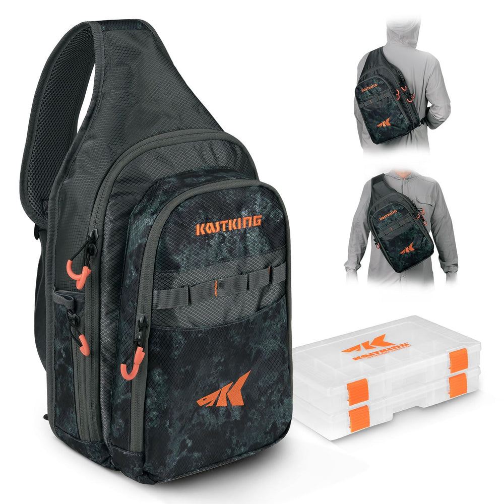 KastKing Pond Hopper sling bag front view with two tackle boxes