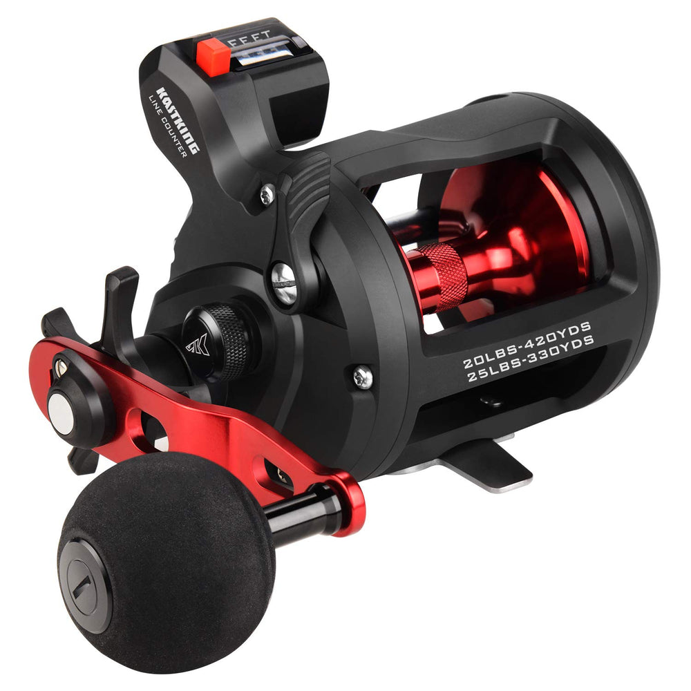 KastKing ReKon line counter reel front view showing compact profile for trolling versatility.