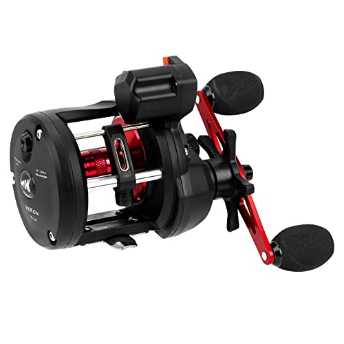 KastKing ReKon line counter reel left-handed size 10 side view shows ergonomic handle.