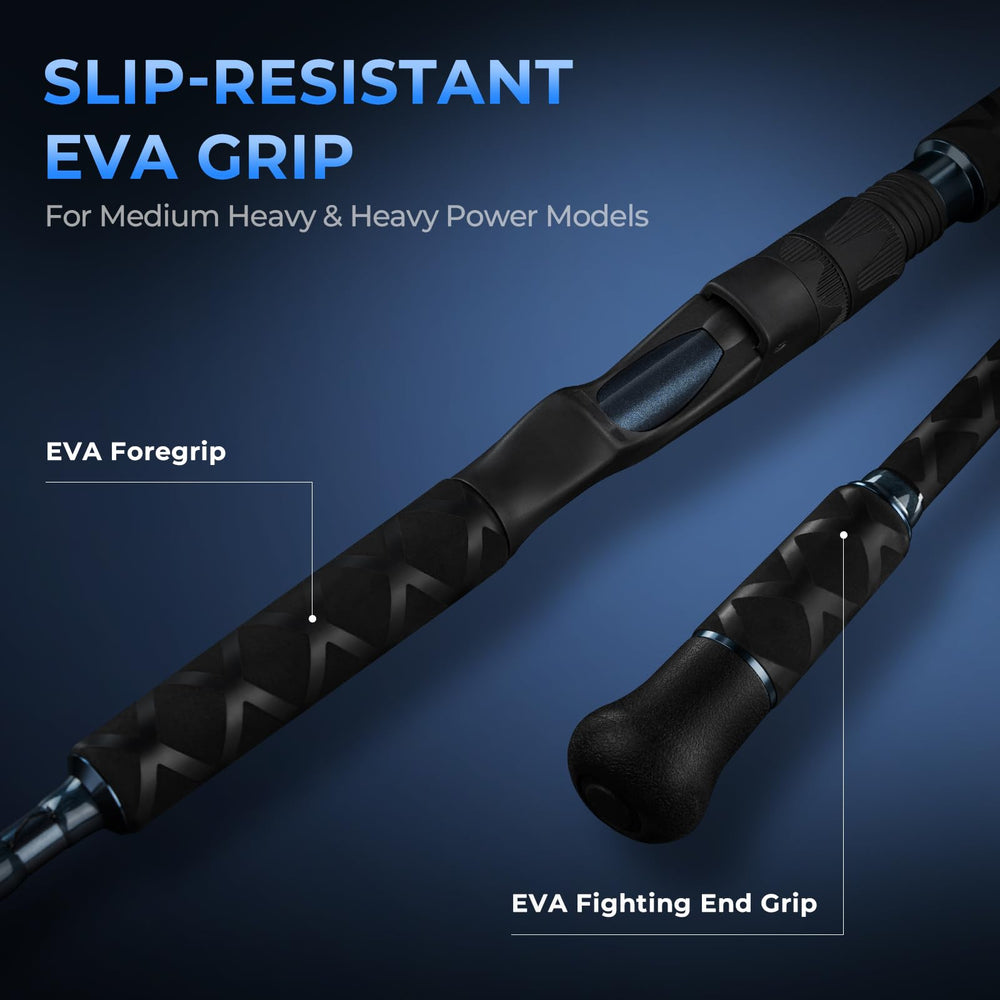 Extended fighting end grip for better leverage against big fish.