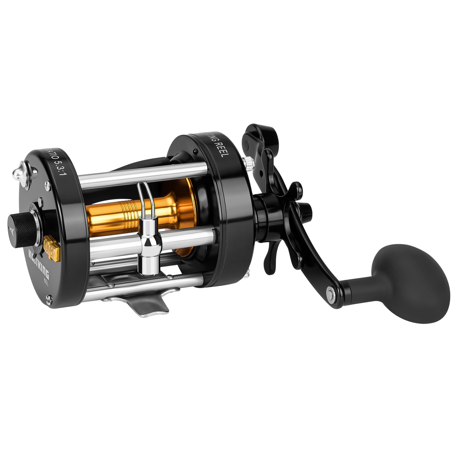 KastKing Rover60 round reel side view highlights durable construction for reliable casting.