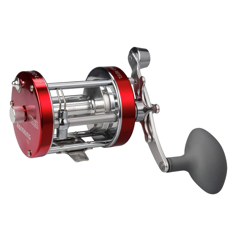KastKing Rover70 left-handed reel front view shows rugged aluminum side plates for harsh conditions.