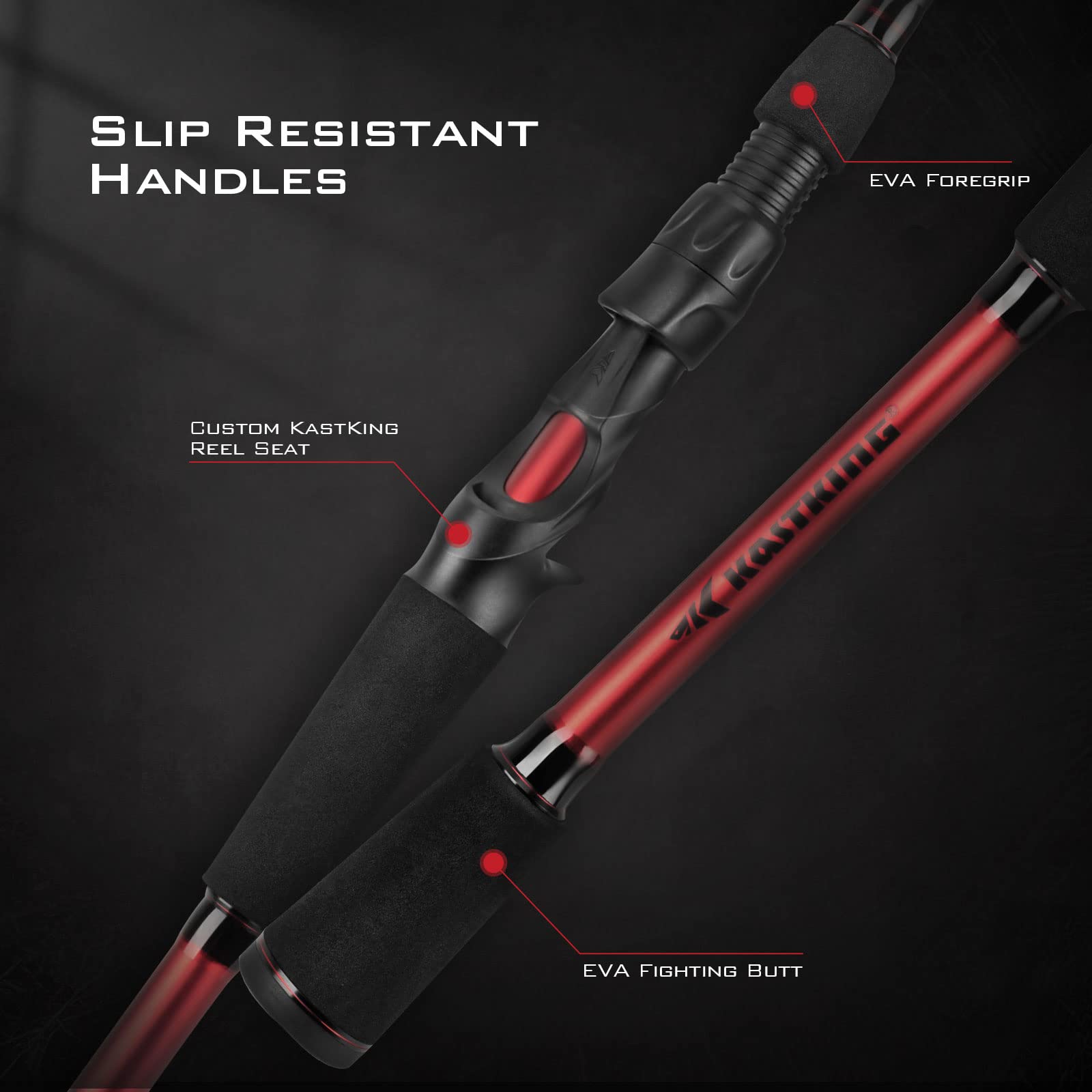 KastKing Royale Advantage fighting butt supports steady two-handed grip for heavy lures.