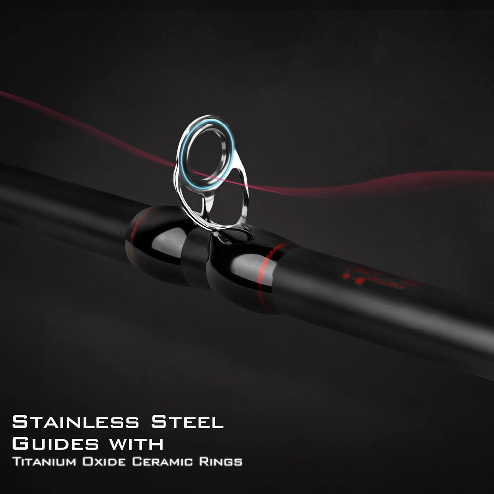 KastKing Royale Advantage stainless guides with titanium oxide rings close-up.