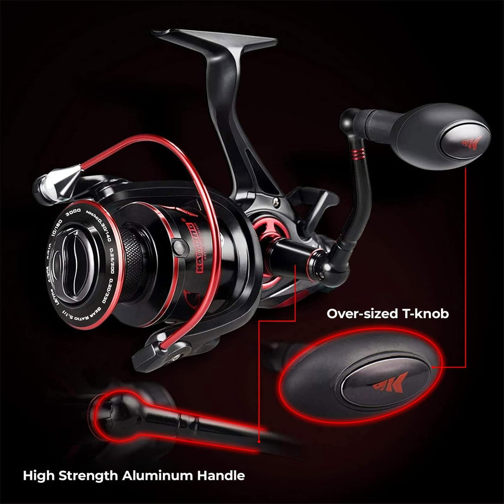 Interchangeable right/left-hand handle on KastKing Sharky Baitfeeder III 2000