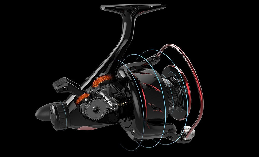 Interchangeable left/right hand handle on Sharky Baitfeeder III 6000