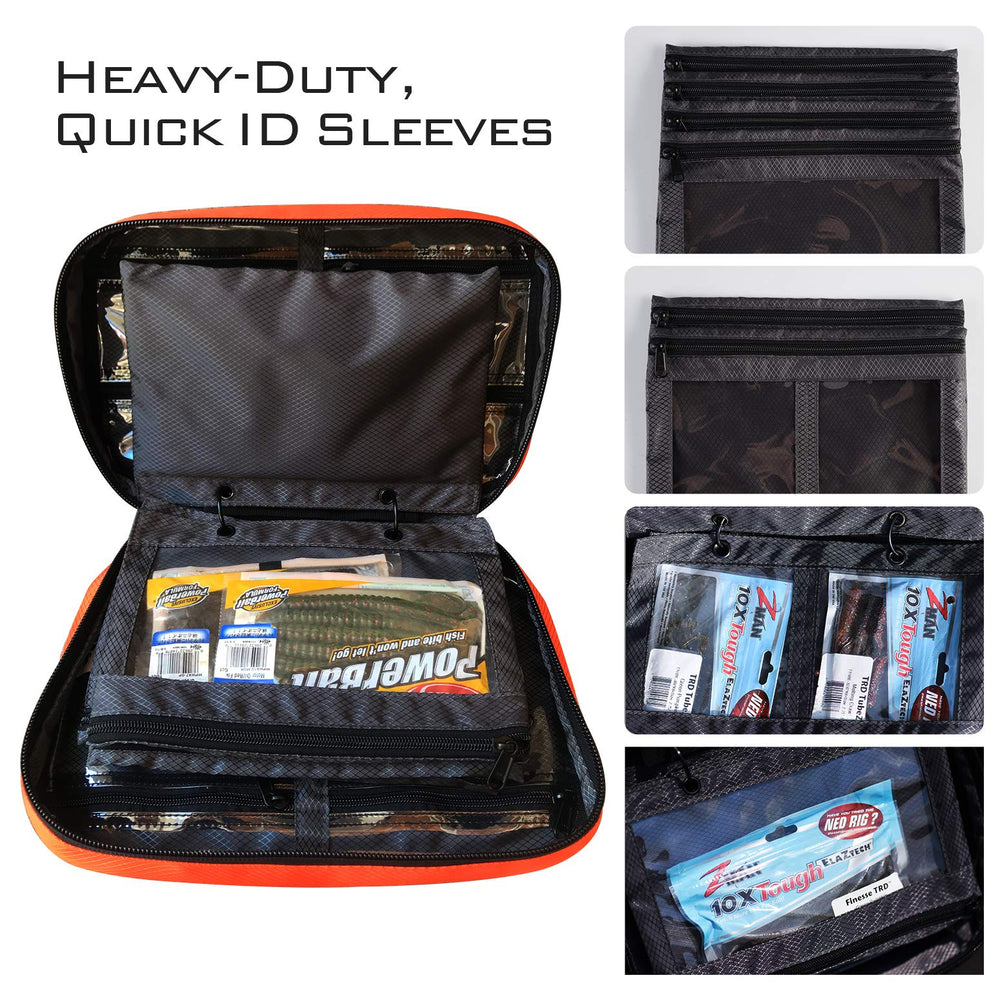 Six large zippered sleeves for soft baits and transparent pockets