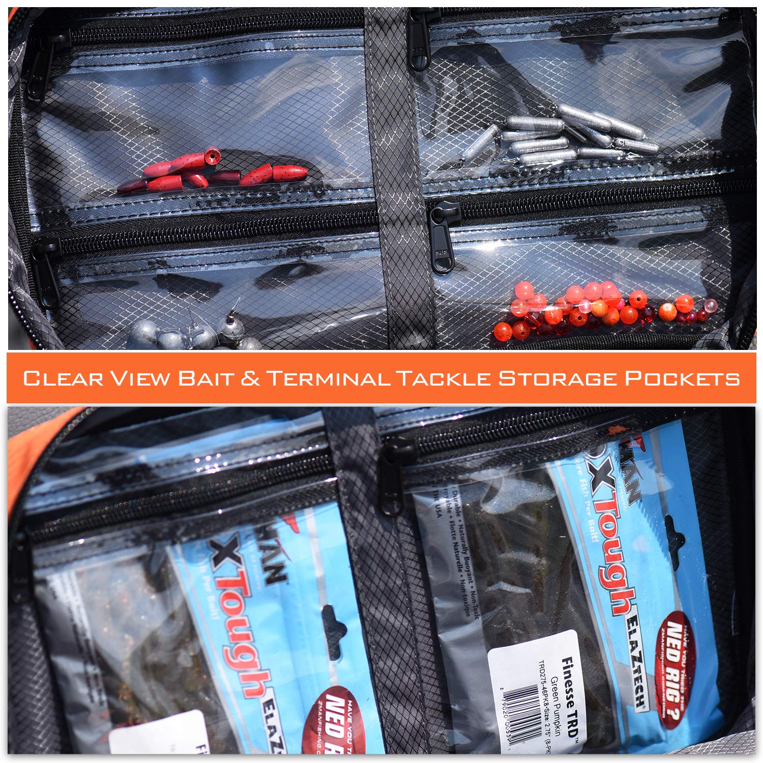 Front pocket and inner zippered pockets for weights and hooks